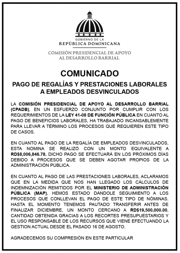 Pago de regalías y prestaciones laborales a empleados desvinculados